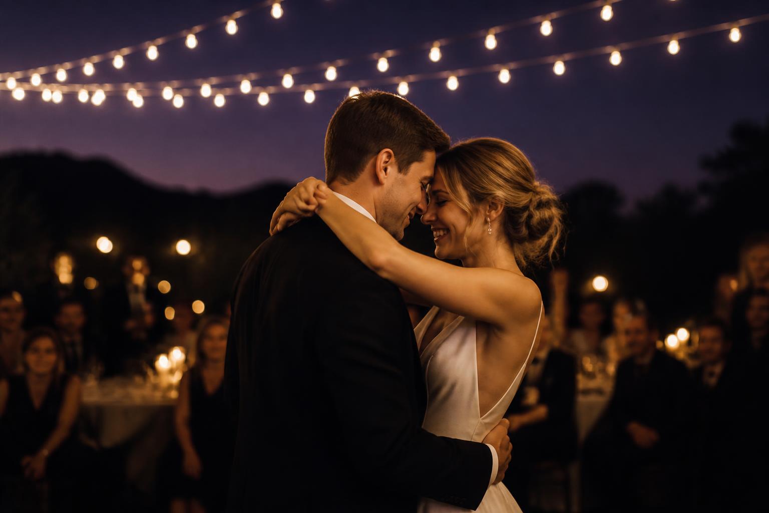Pareja de novios bailando bajo guirnaldas de luces